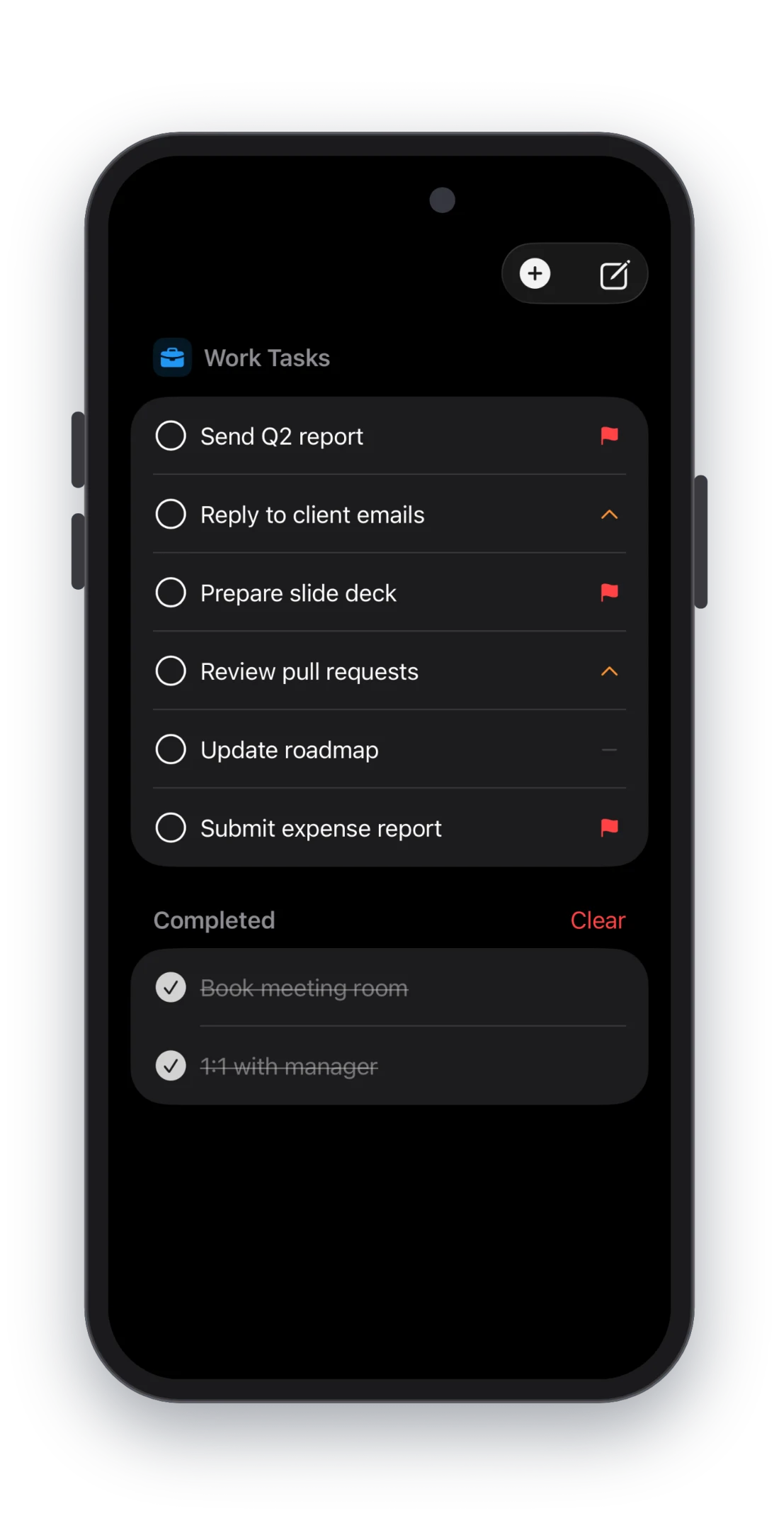Basket Case in dark mode showing a Work Tasks basket